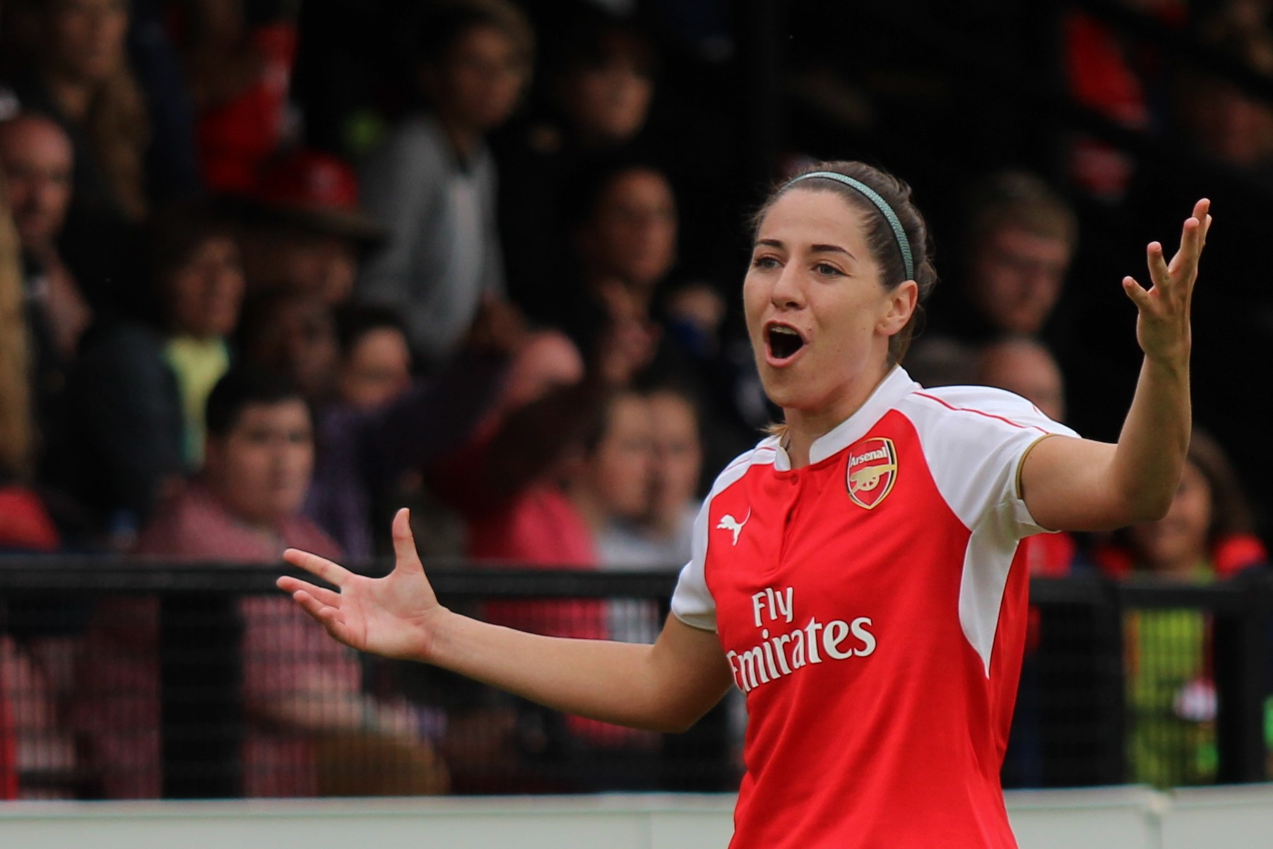 Vicky Losada of Arsenal Ladies complains as a decision goes against her during the game against Liverpool.