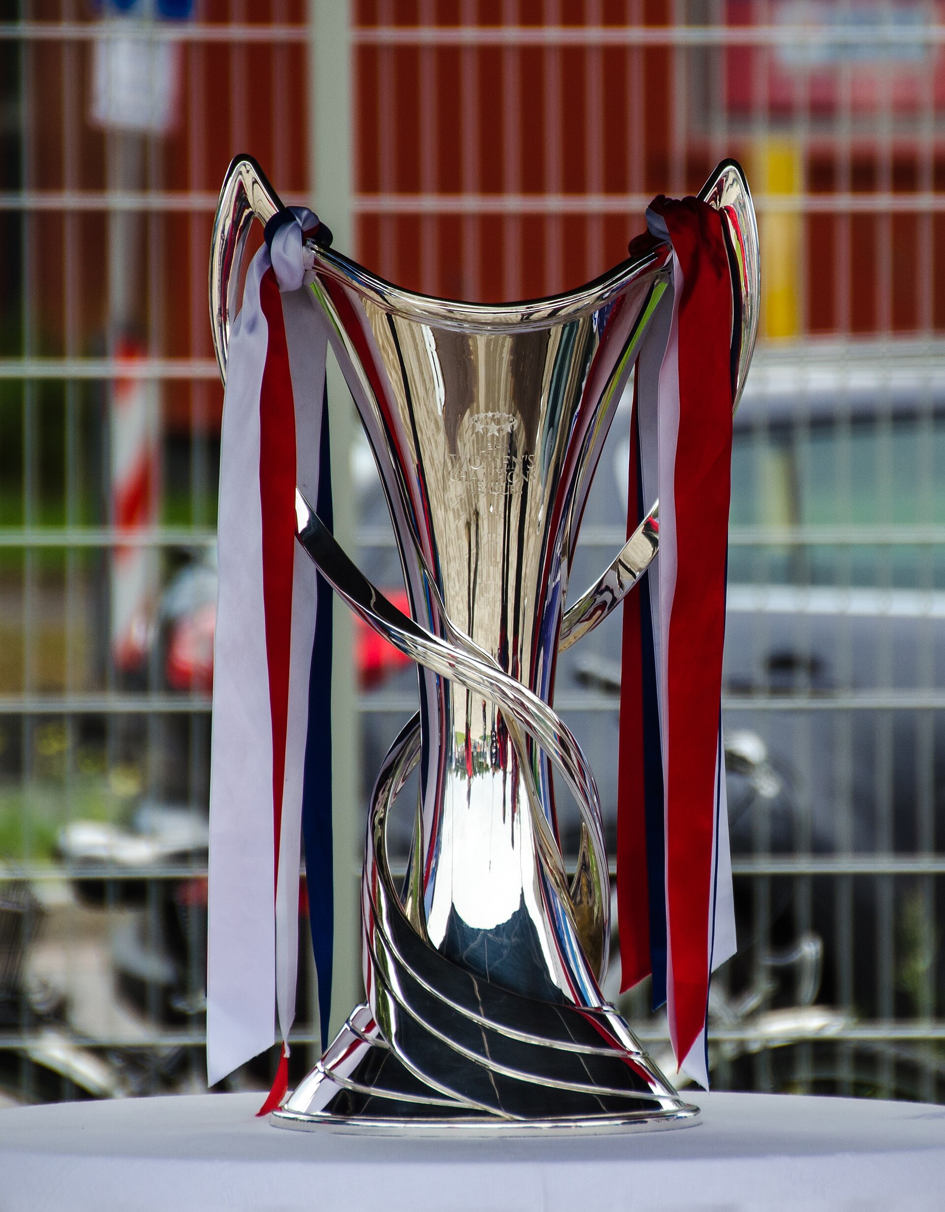 The UEFA Women's Champions League trophy on display in the Frankfurt Stadion am Brentanobad in Frankfurt on 13th September 2015