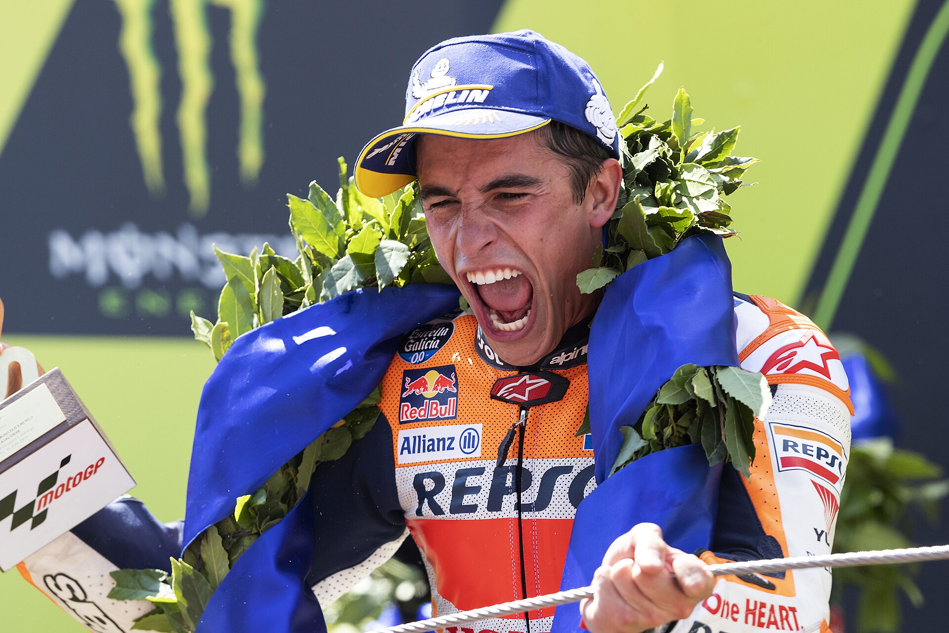 Marc Márquez, celebrating on the podium after winning the 2019 Catalan Grand Prix.