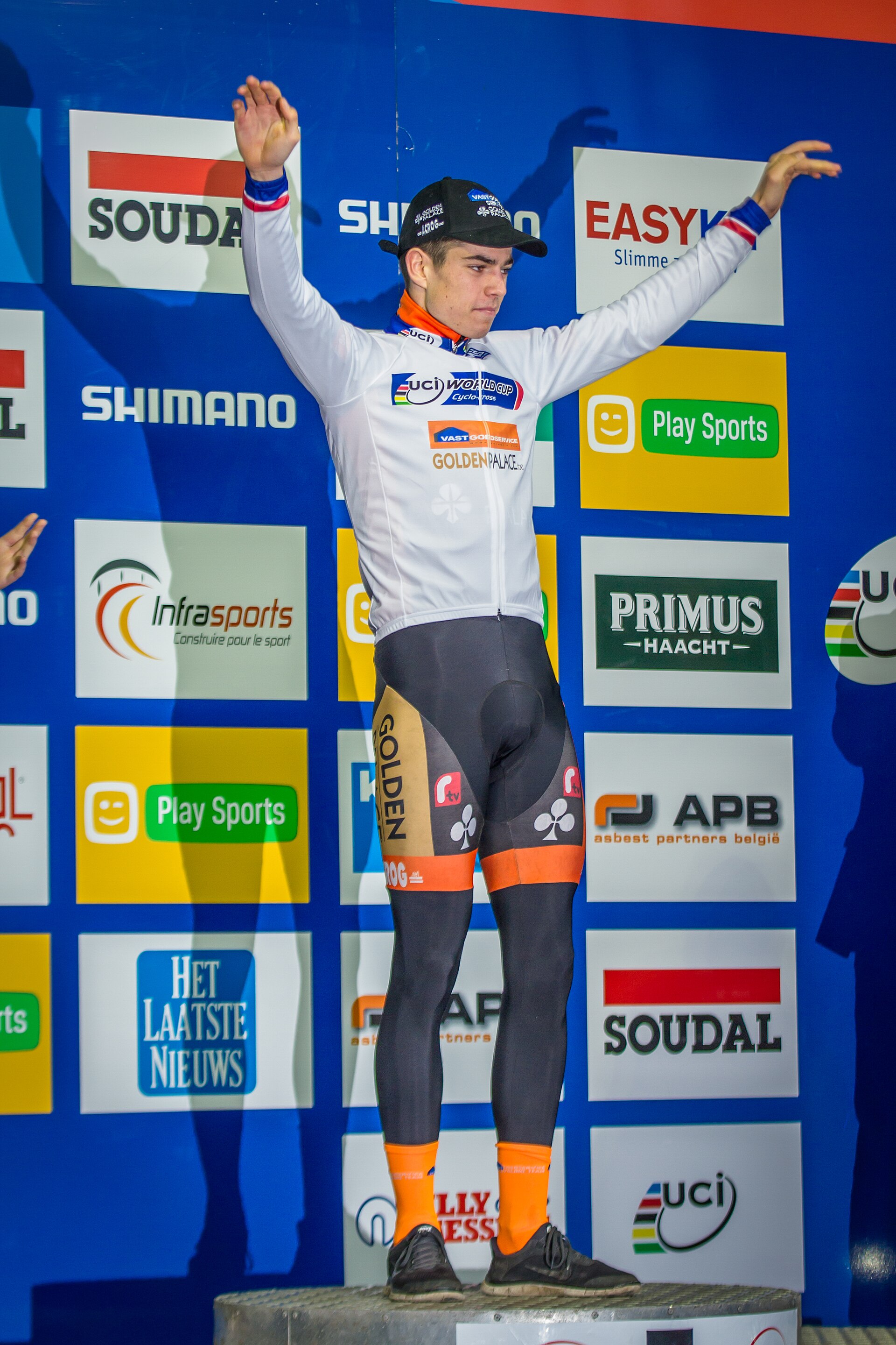 Wout Van Aert (BEL) of Vastgoedservice–Golden Palace, wearing the World Cup leader's jersey. UCI Cyclocross World Cup, Namur, 2015.